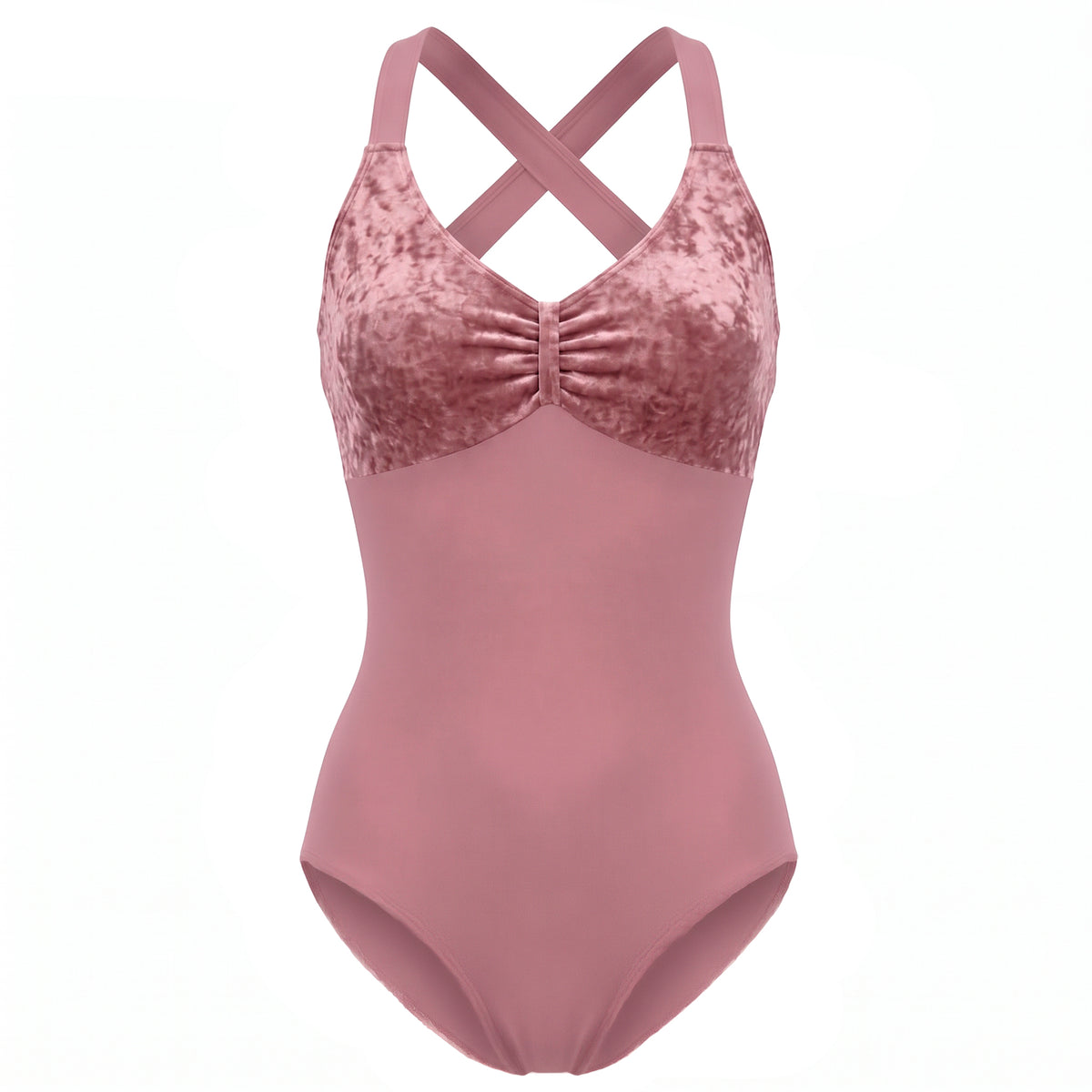 Leotardo de terciopelo (velur) para ballet ODAKI color palo de rosa con tirantes cruzados – vista frontal