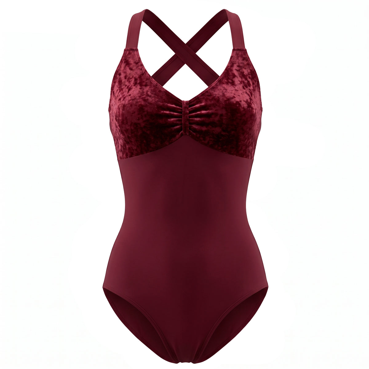 Leotardo de terciopelo (velur) para ballet ODAKI color vino con tirantes cruzados – vista frontal