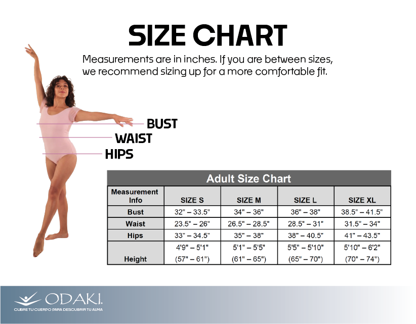 Size chart for adults, in inches