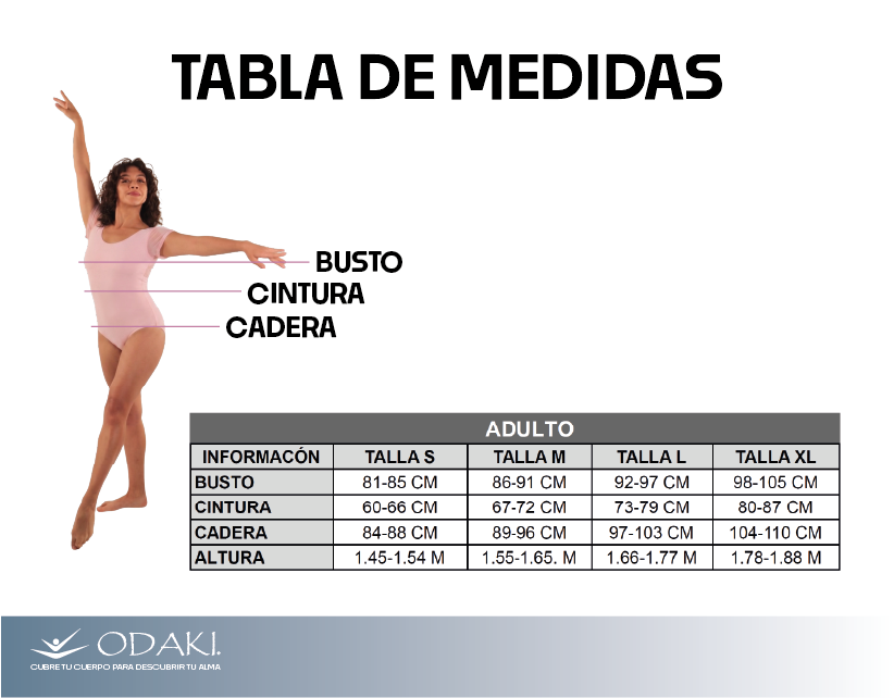 Tabla de medidas para adultos, en centímetros