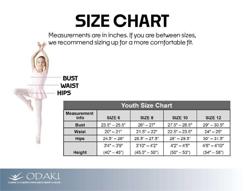 Size chart for kids, in inches